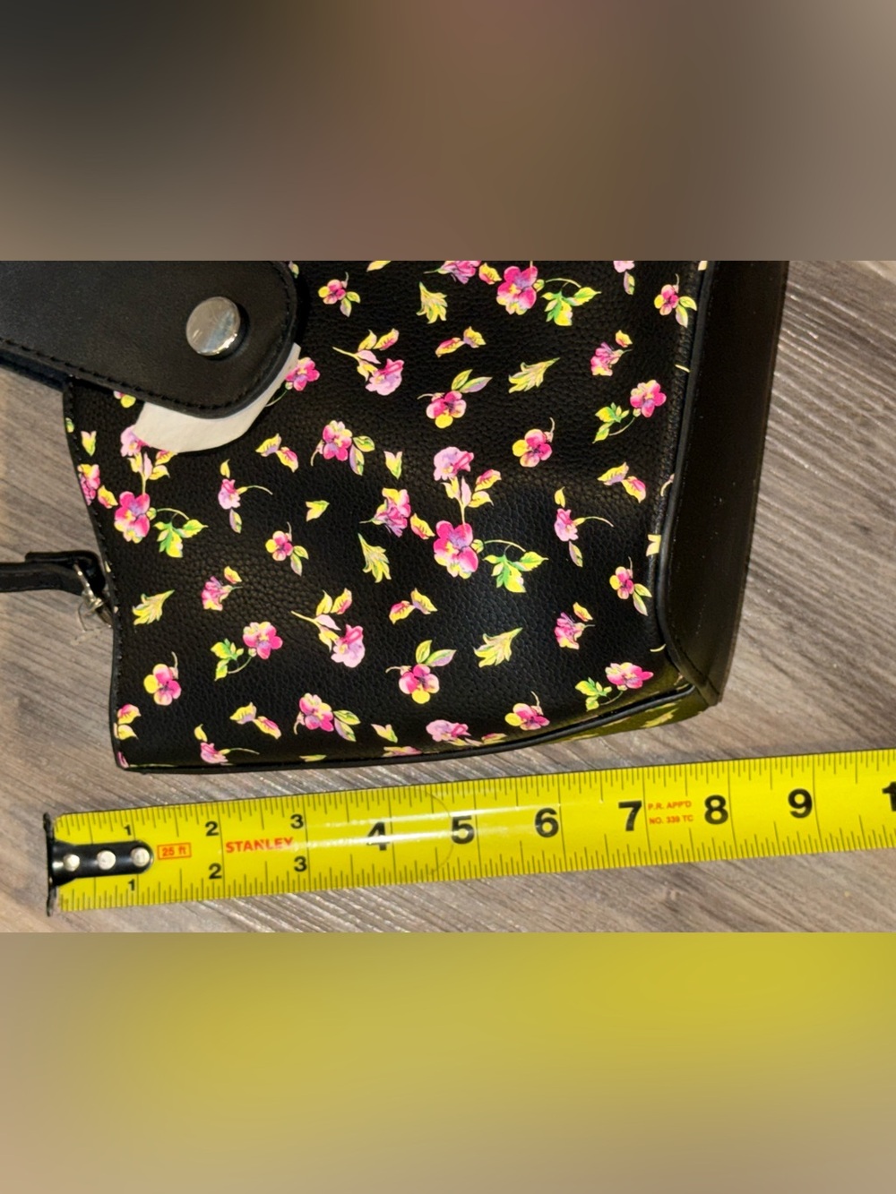 Floral Mini Bucket Crossbody Bag Black Pink Flower Print Purse - Picture 7 of 10